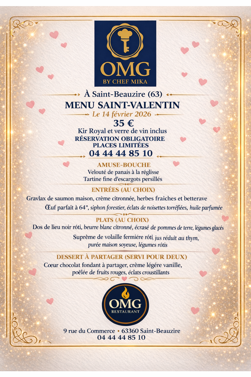 Affiche du menu Saint-Valentin 2026 chez OMG Restaurant